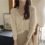 ショッピングゴー shoppinggo サマーカーディガン 透かし編み Vネックカーディガン トップス 長袖 ショート丈 透け感 重ね着 （ベージュ）