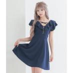 ティカ Tika キャバドレス オフショルダー フリル袖 バストフロントジップ タイトミニドレス (Mサイズ) （ネイビー）