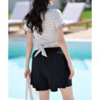 テディショップ Teddyshop レディース水着 半袖ボーダー柄ホルターネックバックリボンクロップドビキニ 上下2点セット 【返品不可商品】 (グレ