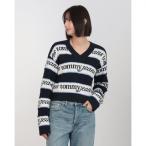 ショッピングTOMMY トミー ヒルフィガー TOMMY HILFIGER ストライプロゴVネックセーター （ネイビー）