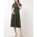 トミー ヒルフィガー TOMMY HILFIGER ☆ボーダー柄ジャージ素材半袖ワンピース （オリーブxネイビー）