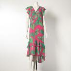 ショッピングHILFIGER トミー ヒルフィガー TOMMY HILFIGER ☆南国リーフ柄シフォン素材フリル袖Vネックマーメイドワンピース （ピンクxグリーン）