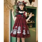 【受注生産】ロリータ 猫ちゃん デザイン ストライプ 膝丈ジャンパースカート 甘ロリ ブルー レッド イエロー ピンク 可愛いリボン