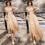 ロングドレス ワンピース 袖あり 合唱衣装 膝丈 演奏会用 大きいサイズ 披露宴 着痩せ マキシ丈  結婚式 花柄 レース 20代30代40代