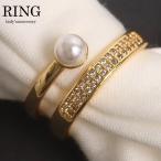 指輪 フリーサイズ お洒落 一粒パール 2連ラインストーン装飾 ファッションリング レディース ゴールド パーティードレス通販
