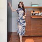 ☆ ホワイト×ブルー ☆ Sサイズ ☆ チャイナドレス パーティ セクシー チャイナドレス レディ−ス 半袖 コスプレ ナイトドレス チャイナ服