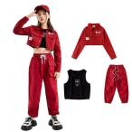 キッズダンス衣装 セットアップ 赤 上下セット ヒップホップ hiphop 女の子 レッド ジャケット ショート丈 トップス へそ出し 赤パンツ カーゴ パンツ 黒 タンク