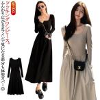 ショッピングニットワンピ 秋 ニットワンピ ワンピース ドッキング ニットワンピース フレア 冬 切り替え 春秋 レディース ワンピース 春 Uネック ドッキングワンピース ロ