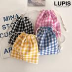 ショッピング巾着 巾着ポーチ 小物入れ コスメポーチ ギンガムチェック チェック柄 バッグインバッグ かわいい おしゃれ ブラック イエロー ピンク ブルー ルピス lupis