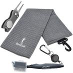 BettGolf マイクロファイバーゴルフ&amp;クラブタオル 15インチ x 19.7インチ カラビナクリップ付き - 三つ折り ゴルフクラブやゴルフボ