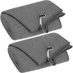 ゴルフタオル マイクロファイバー フック付き 三つ折りデザイン24" x 16" ?ゴルフボール クラブ 清潔用 セット (2枚セット  ブラック)