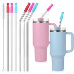 Stanley用シリコンチップ付きメタルストロー6本パック、ステンレススチール交換用ストロー Stanleyスタンレー 40 30オンスのタンブ