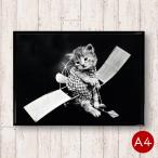 A4ポスター 猫のモノクロポスターNo.5 飛行機 マットコート紙 モノトーン モノクロ 動物 写真 アートポスター ビンテージ 北欧