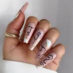 ネイルチップ ロング ジェルネイル 付け爪 つけ爪 バレリーナ ラメライン 斜めフレンチ チューリップ 花柄 白 ホワイト ピンクベージュ ベージュ 日常