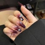 ネイルチップ ロング ネイルチップ 可愛い 紫 パープル ちゅるん 成人式 ワンホンネイル ストーン 花 グラデーション ロングバレリーナ シンプル 日常 付け爪