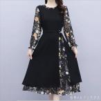 ロングドレス ワンピース ドレス dress 衣装 パーティドレス ロング ロング丈 ひざ丈 膝下 袖あり 長袖 クルーネック Aライン フレア ベルト 透け感 シースルー