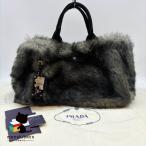 Prada PRADA как новый BN1918 kana paGM поддельный k мех чёрный черный серый портфель портфель сумка сумка довольно большой женский очарование G карта ткань пакет...