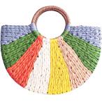 QZUnique ハンドバッグ カバン QZUnique Straw Handbags Rainbow Stitching Top Handle Tote Women's Summer