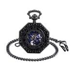 IU536-black Infinite U Mens Pocket Watch Steampunk Vintage Unique Octagon Skeleton Mechanical Pocket Watch wi