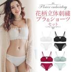 ブラジャー ショーツ 上下セット 花柄 レース チューブトップ 2WAY 立体刺繍 盛れる 可愛い 下着 女性 ノンワイヤー バックレース