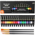 Shuttle Art アクリル絵の具 アクリル顔料 16色セット ペイントブラシ3本付き 速乾 耐久 チューブ 12ml 手作り 布/石/