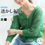 大きいサイズ レディース カーディガン Rin 7ゲージパッチワーク風 透かし編み カーデ オフィス 大人 着やせ 体型カバー ビジネス 通勤 ママ トップス