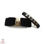 フェラガモ ヴァラリボン バレッタ 2コセット コットン×レーヨン×レザー×真鍮 ブラック×ゴールド金具 【丸万質舗】