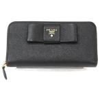 プラダ PRADA サフィアーノ リボンモチーフ ラウンドファスナー長財布 1ML506 ブラック 黒 ゴールド金具 中古
