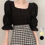 ブラウス スクエアネック レディース パフスリーブ ショート丈 トップス 五分袖 おしゃれ