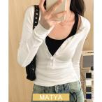ハーフボタンカットソー長袖タイトtシャツ