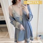 パジャマ ルームウエア レディース シルク風 レース 長袖パジャマ 春夏秋 ネグリジェ カーディガン 2点セット つりスカート パジャマ可愛い韓国風 寝巻き部屋着