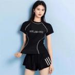 フィットネス水着 レディース 体型 カバー 上下セット トップス パンツ Uカット半袖 めくれ防止 ジム プール 競泳水着20代 30代 40代 50代