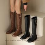 ショッピングヒール ジョッキーブーツ 本革 スクエアトゥ ローヒール ロングブーツ チャンキーヒール サイドジッパー 長靴 エンジニアブーツ 履きやすい 美脚 低ヒール 秋冬