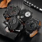 メンズ腕時計 Oulm ミリタリーウォッチ ファッション ブラックレザー デュアルタイムゾーン クォーツ ビッグサイズ 高級 ドロップシッピング
