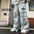 широкий cargo Denim брюки мужской повреждение джинсы авария повреждение обработка много карман cargo Roo z flair Denim брюки багги Корея Street 