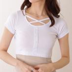 クロス ストラップ フロント ボタン リブ トップス 女性 レディース Tシャツ 春 夏 丸首 クルーネック ラウンドネック テレコ 半袖