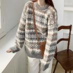 ショッピングノルディック ノルディック柄 ラウンドネック リブ ニット プルオーバー 女性 レディース トップス 秋 冬 セーター フォークロア 民族 北欧 ウォーム