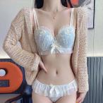 サテンリボン花柄フリルノンワイヤーブラ&ショーツセット 女性 レディース ブラジャー パンツ 下着 肌着 ランジェリー ナイトブラ 3/4