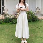 2WAY Vネック レース パフスリーブ オフショルダー ロング ワンピース レディース 女性 夏 サマー 単色 無地 スタイルアップ ロン