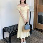 2WAY リボンデザイン パフスリーブ オフショルダー ロング ワンピース ペンタゴンネック レディース 女性 夏 単色 無地 スタイルアッ