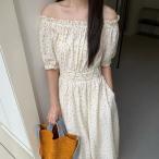 小花柄 ギャザー オフショル パフスリーブ ロング ワンピース 半袖 夏 サマー レディース 女性 フラワー プリント柄 花柄 パフ袖 ぽわ