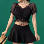 【2点セット】 フロント シャーリング シアー フリル パフスリーブ 水着 女性 レディース スイムウエア スカートビキニ タンキニ 夏 プ