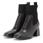 ニットドッキングレザー調チャンキーショートブーツ 女性 レディース 靴 シューズ 秋 冬 ウィンター オータム 合皮 フェイクレザー ツヤ感