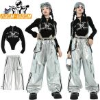 チア jazz キッズ ダンス衣装 黒トップス シルバー カーゴパンツ ベルト 韓国 K-POP HIPHOP 女の子 子供服 おしゃれ かっこいい 舞台 演出 練習 レッスン 普段着