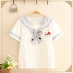 森ガール 半袖 シャツ ブラウス セーラー服 海軍風 猫ちゃん レディース