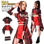 キッズ ダンス セットアップ ジャズダンス 赤 黒 トップス スカート 腕飾り付き チアガール ガールズ 女の子 チアリーダー ステージ衣装 韓国 発表会 セット販売