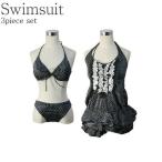 ビキニ 水着 3点セット ビキニセット ボトム キャミソール ドット柄 黒シルバーx白ドット柄 9号 11号  【中】