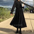 ショッピング水玉 水玉 ワンピース 春 秋 大きいサイズ 3L 4L 5L レディース 黒 ワンピース ロング ミモレ丈 長袖 フリル袖 ドット柄 プリーツ ゆったり 大人可愛い カジュアル