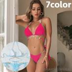 三角ビキニ 水着 レディース ノンワイヤー ホルターネック パッド 取り外し可能 フェイクパール チェーン パール調 無地 シンプル 海 ビーチ リゾ