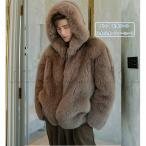 ファージャケット メンズ 毛皮コート 冬アウター フード ショート丈 無地 大きいサイズ ファーパーカー 厚手 フェイクファー ふわふわ もこもこ カジュアル 防寒